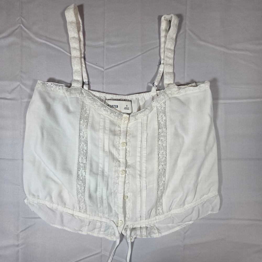 Hollister White Lace Trim Pintuck Button Front Cropped Cami Top Small